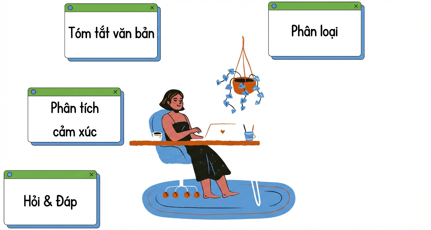 Người ngồi tại bàn với nhiều tác vụ xung quanh: phân loại văn bản, tóm tắt, phân tích cảm xúc, hỏi đáp