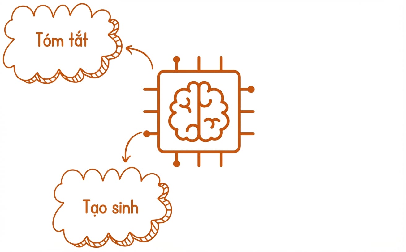 Minh họa trừu tượng về mô hình ngôn ngữ lớn với bong bóng tóm tắt và tạo sinh