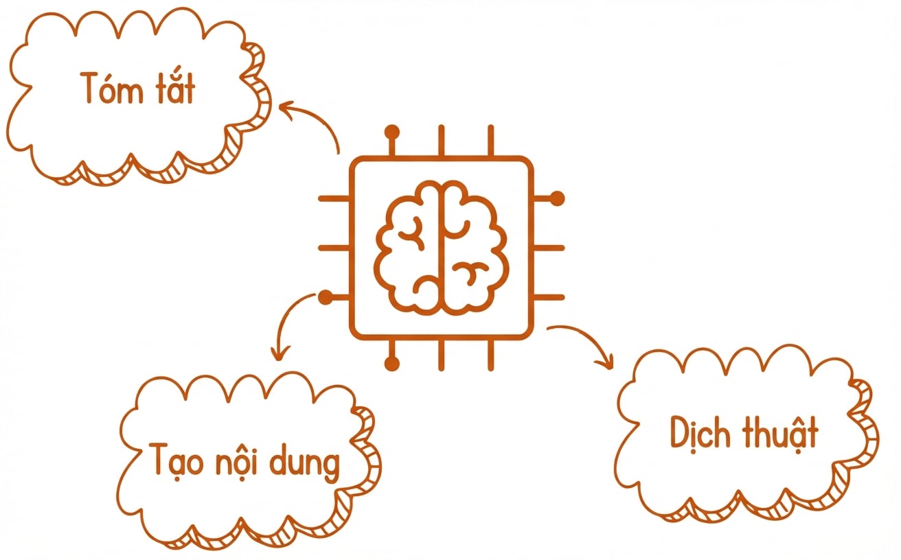 Minh họa trừu tượng về mô hình ngôn ngữ lớn với bong bóng tóm tắt, tạo sinh và dịch