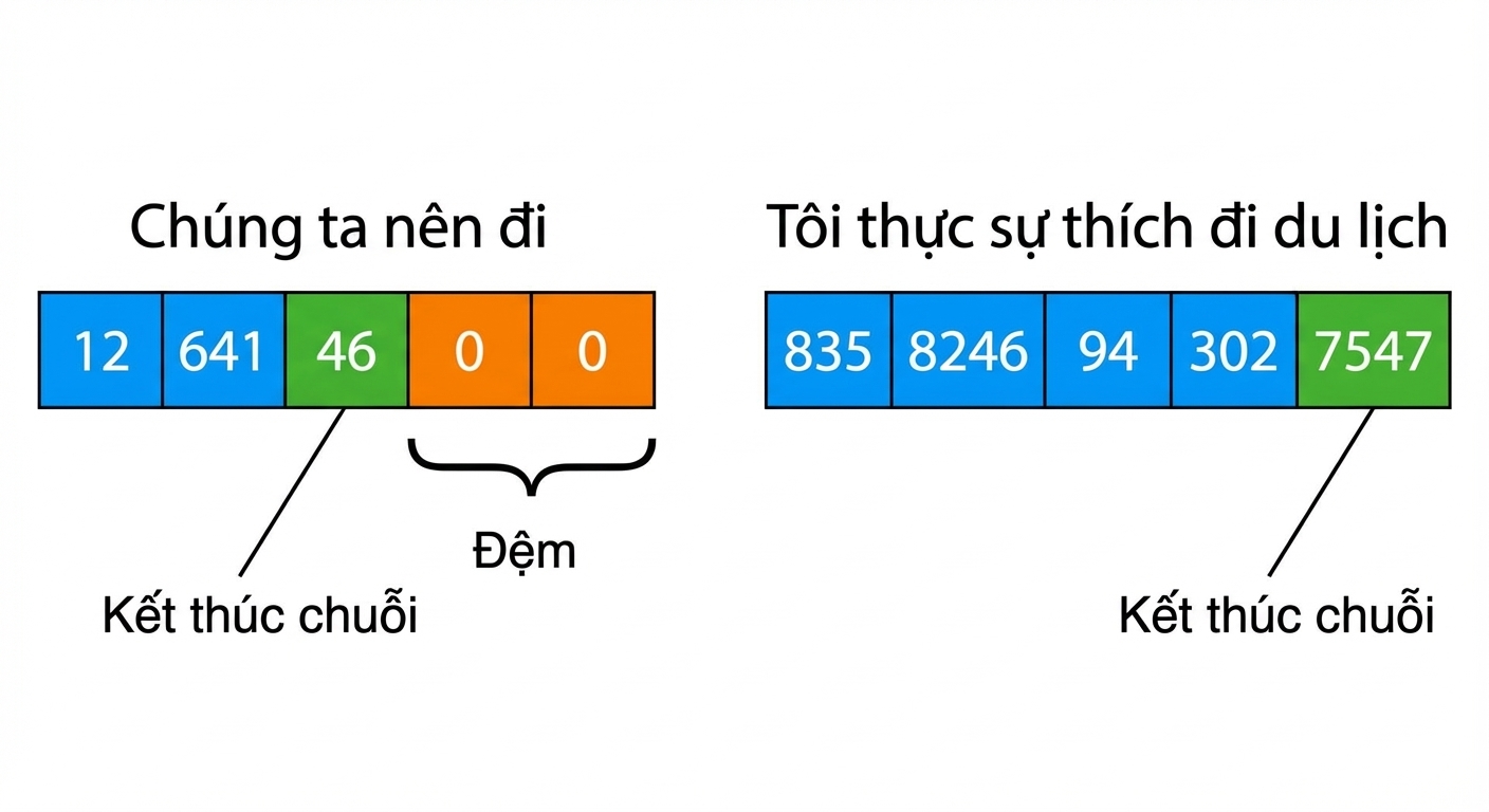 Minh họa hai chuỗi: we should go, i really like to travel. Gồm ID token và vị trí padding và EOS