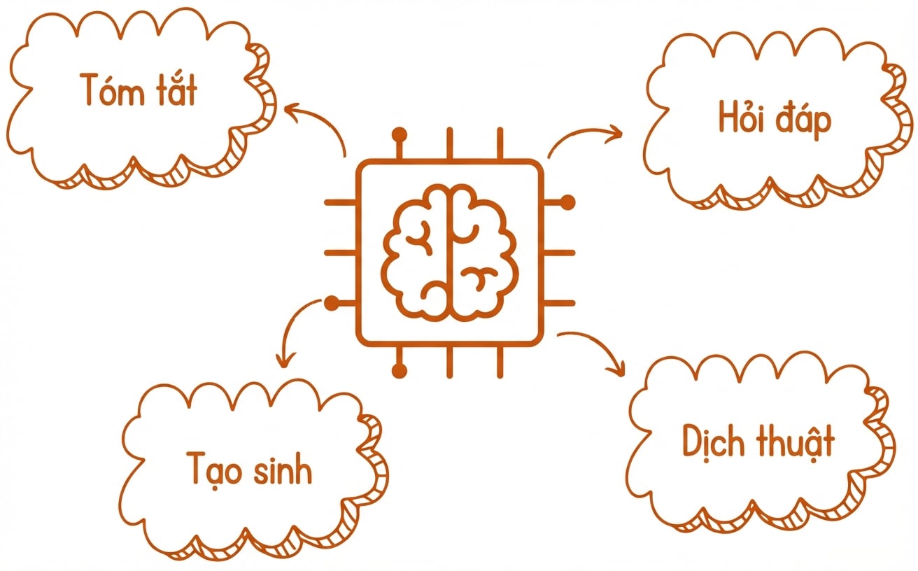 Minh họa trừu tượng về mô hình ngôn ngữ lớn với bong bóng tóm tắt, tạo sinh, dịch, Hỏi & Đáp
