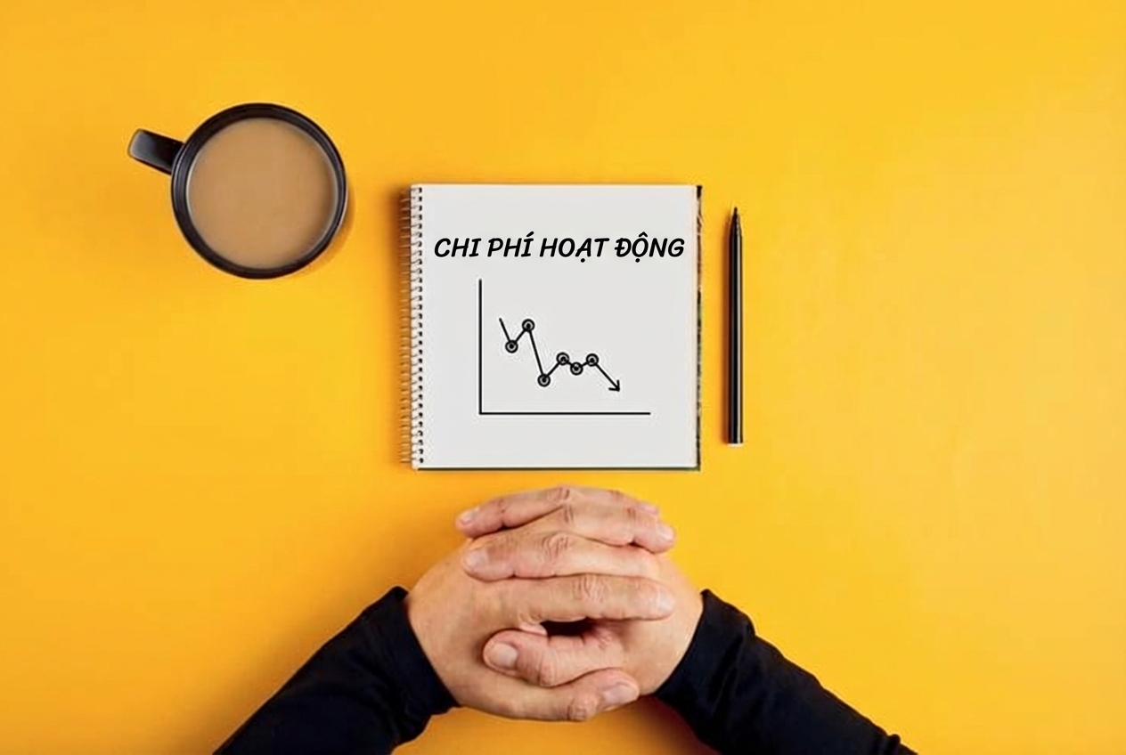 Hình sổ tay hiển thị chi phí vận hành giảm dần, cạnh đó là cốc cà phê và tay áo người đàn ông
