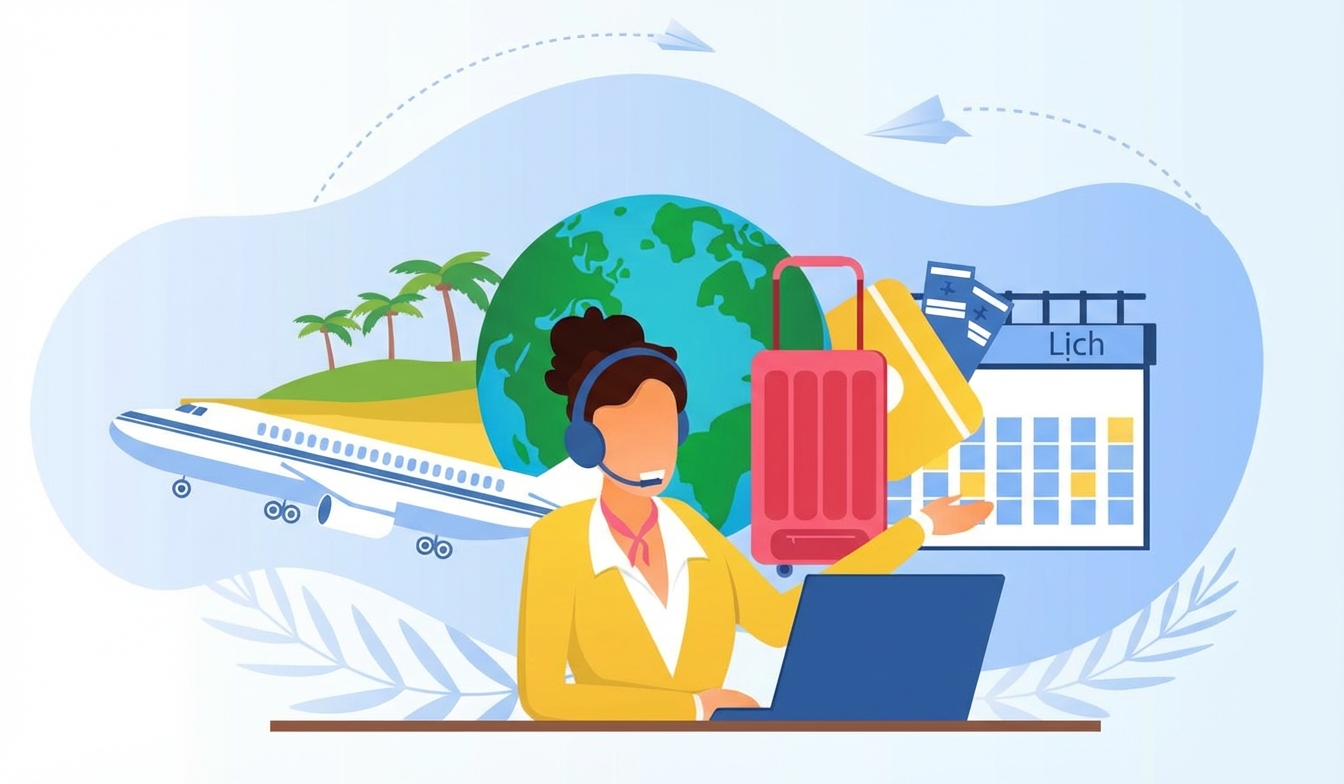 Hình biếm họa một đại lý du lịch, xung quanh là hình ảnh liên quan như máy bay