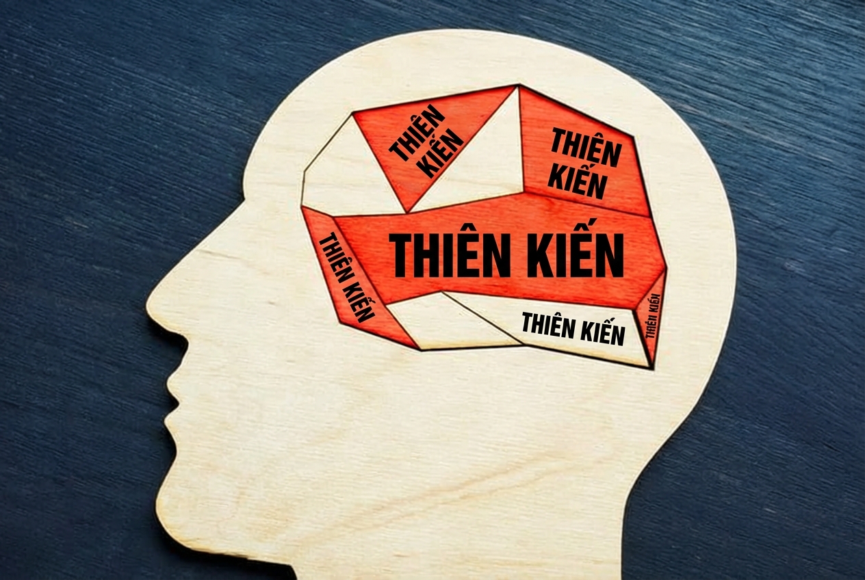 Hình cắt đầu người với các phần não dán nhãn "bias"