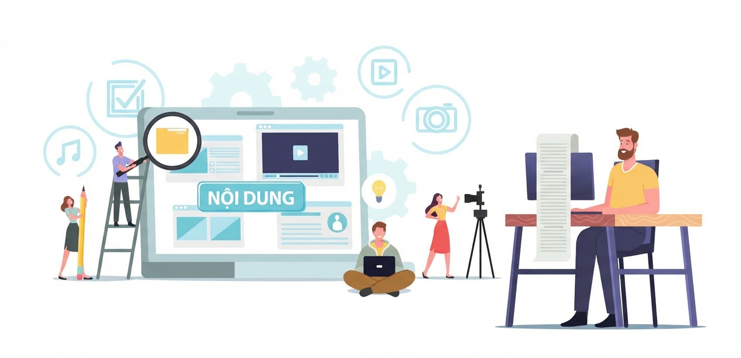 Hình ảnh mọi người tương tác với các loại dữ liệu như văn bản, video, và hình ảnh