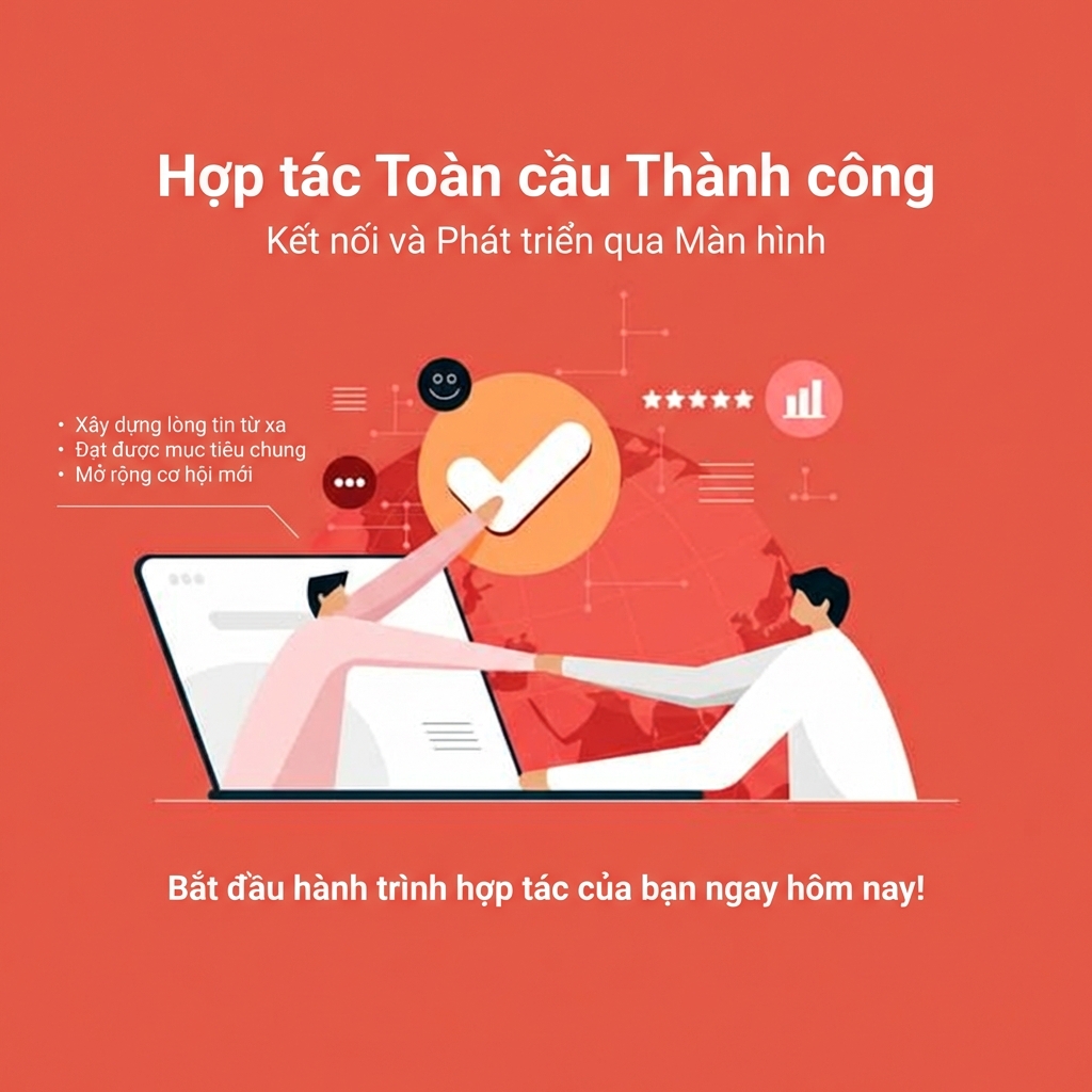 Hình hoạt họa người đàn ông dùng laptop và bắt tay với người trong màn hình