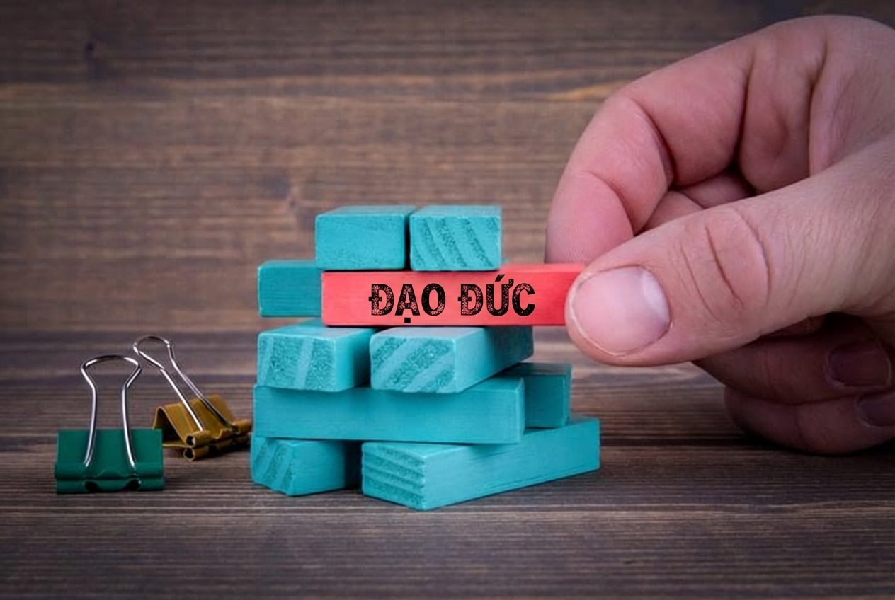 Các khối Jenga màu xanh, một khối màu đỏ ghi "ethics"