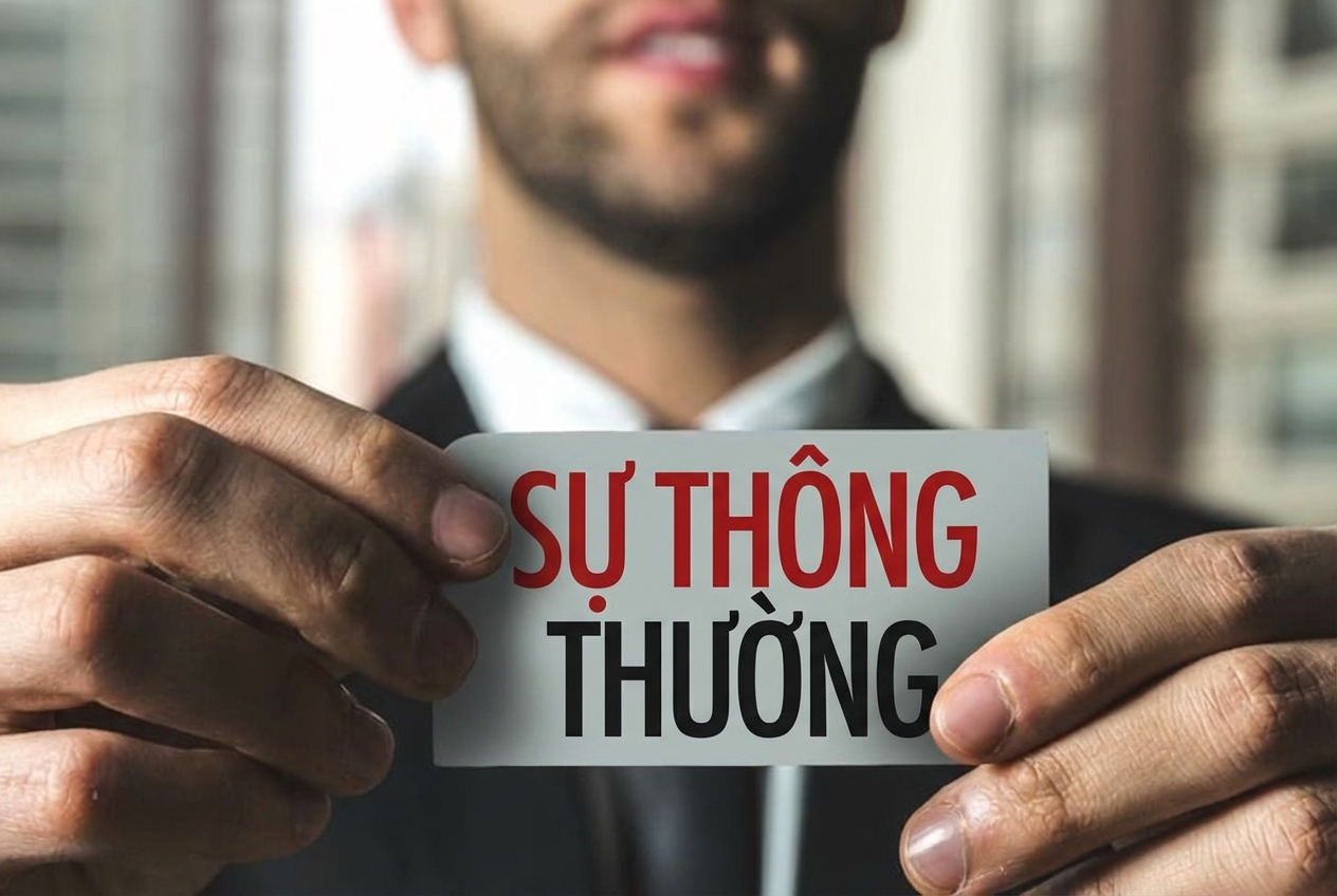 Người đàn ông cầm tấm nhãn ghi "common sense"