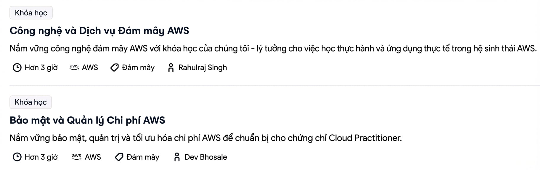 Các khóa học AWS khác trên DataCamp: Công nghệ và dịch vụ đám mây AWS, và Bảo mật & Quản lý chi phí AWS
