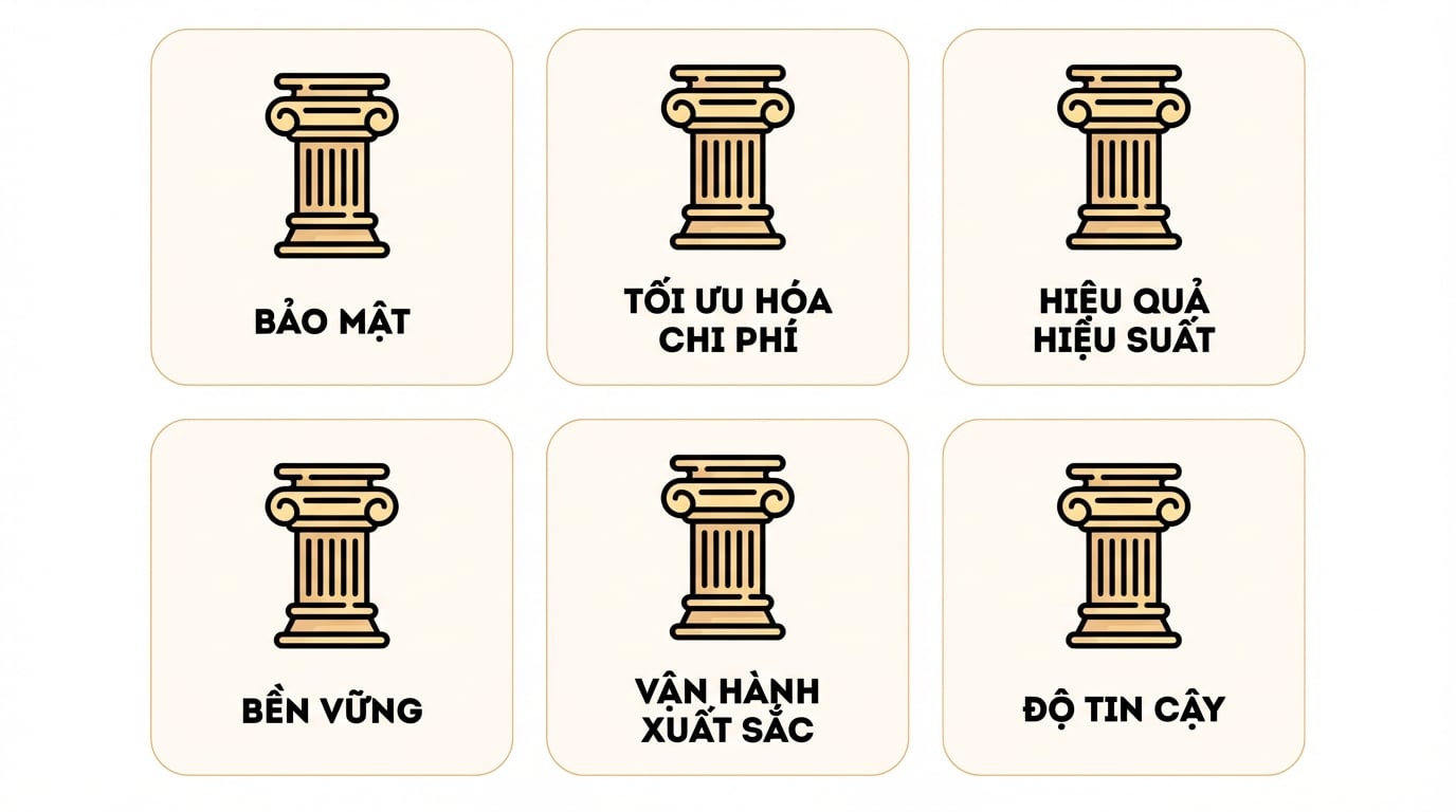Sáu trụ cột của khung: Bảo mật, Tối ưu chi phí, Hiệu suất, Bền vững, Vận hành xuất sắc và Độ tin cậy