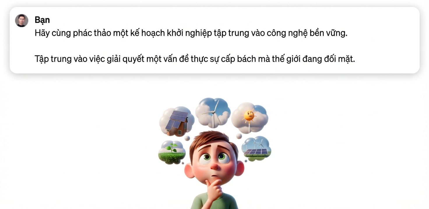 Hình minh họa hoạt hình về một đứa trẻ đang suy nghĩ về công nghệ bền vững