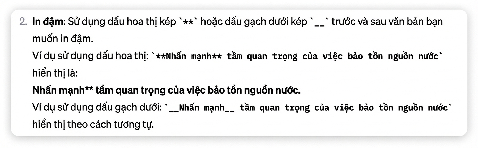 Ví dụ về việc nhấn mạnh văn bản bằng dấu sao hoặc gạch chân