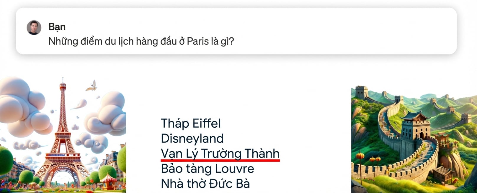 Những điểm tham quan nổi tiếng nhất ở Paris là gì?https://assets.datacamp.com/production/repositories/6472/datasets/64cb8adc98eb159803528a6680dffe9f453f5af1/2361.png
![Những điểm tham quan nổi tiếng nhất ở Paris là gì, với câu trả lời sai được đánh dấu?