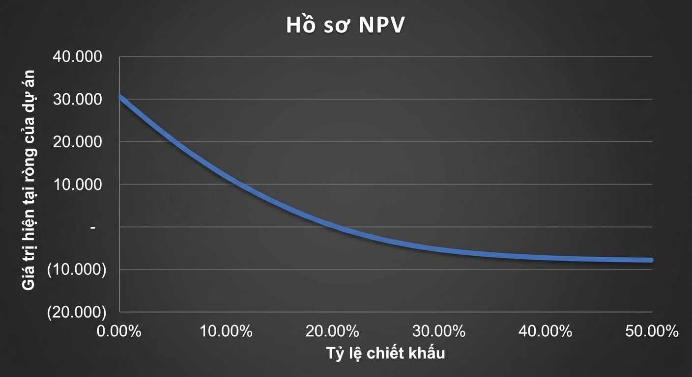 Biểu đồ đường với NPV trên trục tung và tỷ lệ chiết khấu trên trục hoành. Quan hệ giảm theo hàm mũ.