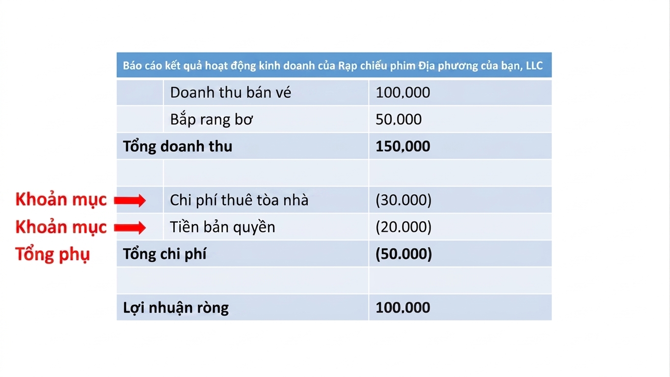 báo cáo kết quả với các dòng mục và cộng dồn cho doanh thu