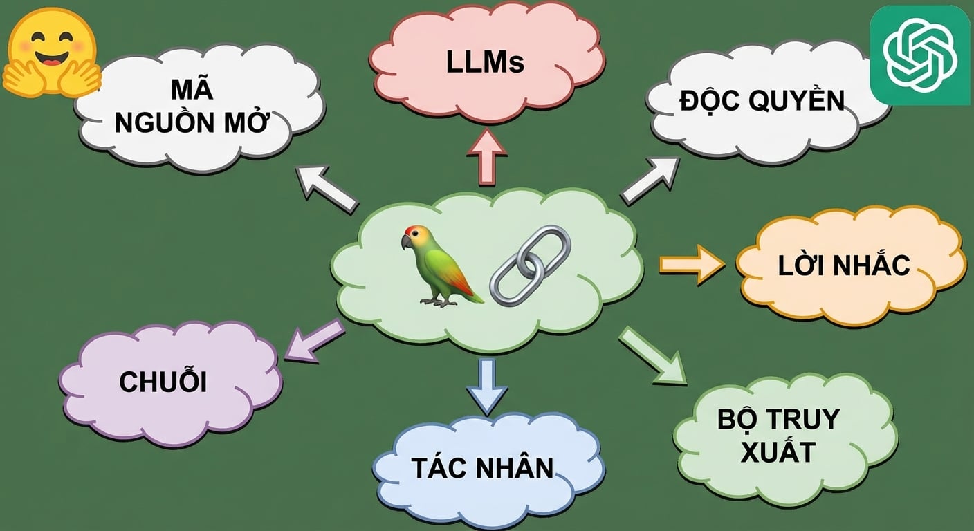 Một số thành phần lõi của LangChain: LLM, lời nhắc, bộ truy xuất, tác tử và chuỗi.