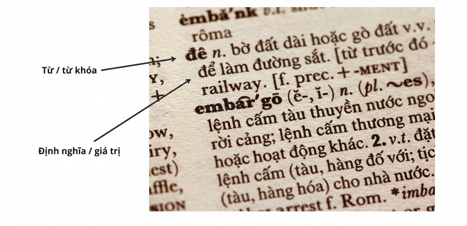 Từ điển có chú thích: từ (khóa) và định nghĩa (giá trị)