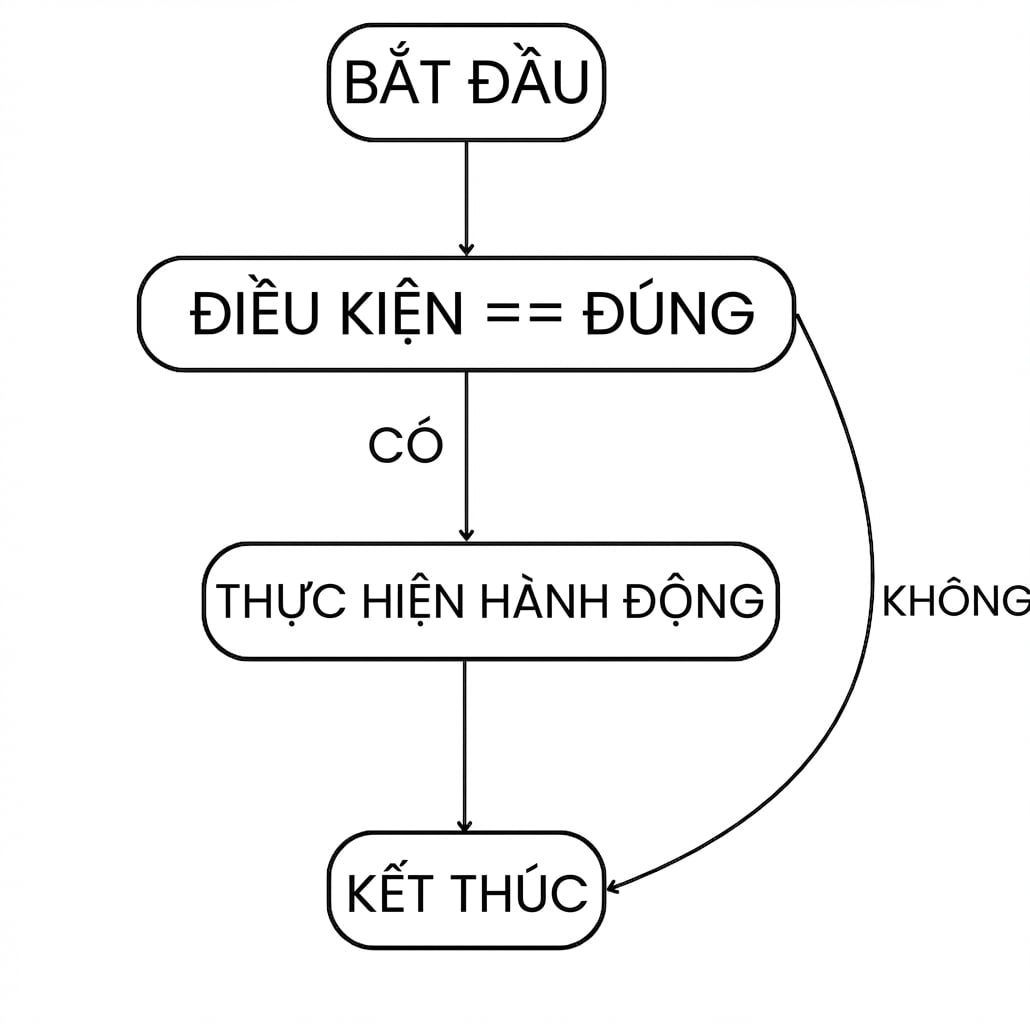 Luồng của câu lệnh if: bắt đầu > điều kiện đúng > thực hiện hành động > thoát