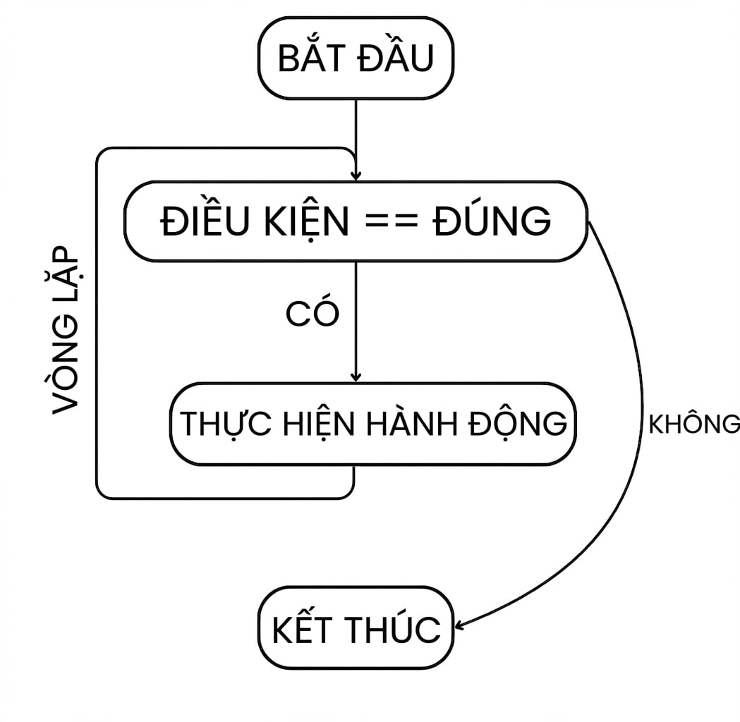 Luồng của vòng lặp while: bắt đầu > điều kiện đúng > thực hiện hành động > lặp > lặp lại cho đến khi điều kiện không còn đúng