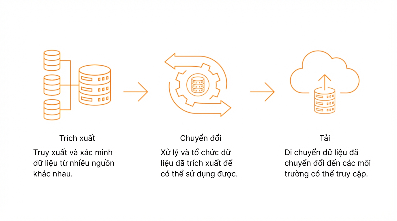 biểu tượng cơ sở dữ liệu, bánh răng và đám mây đại diện cho quy trình ETL