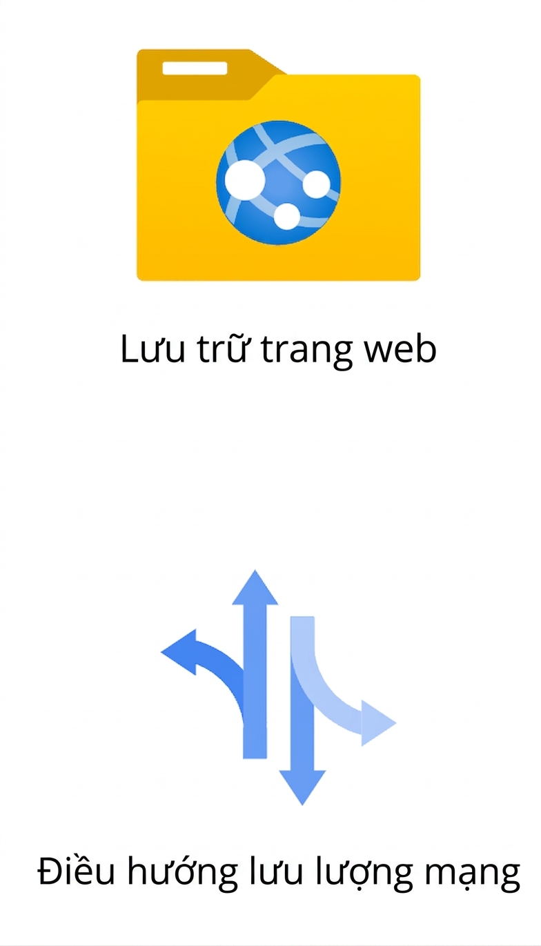 Hai biểu tượng hiển thị lưu trữ website và định tuyến lưu lượng mạng.