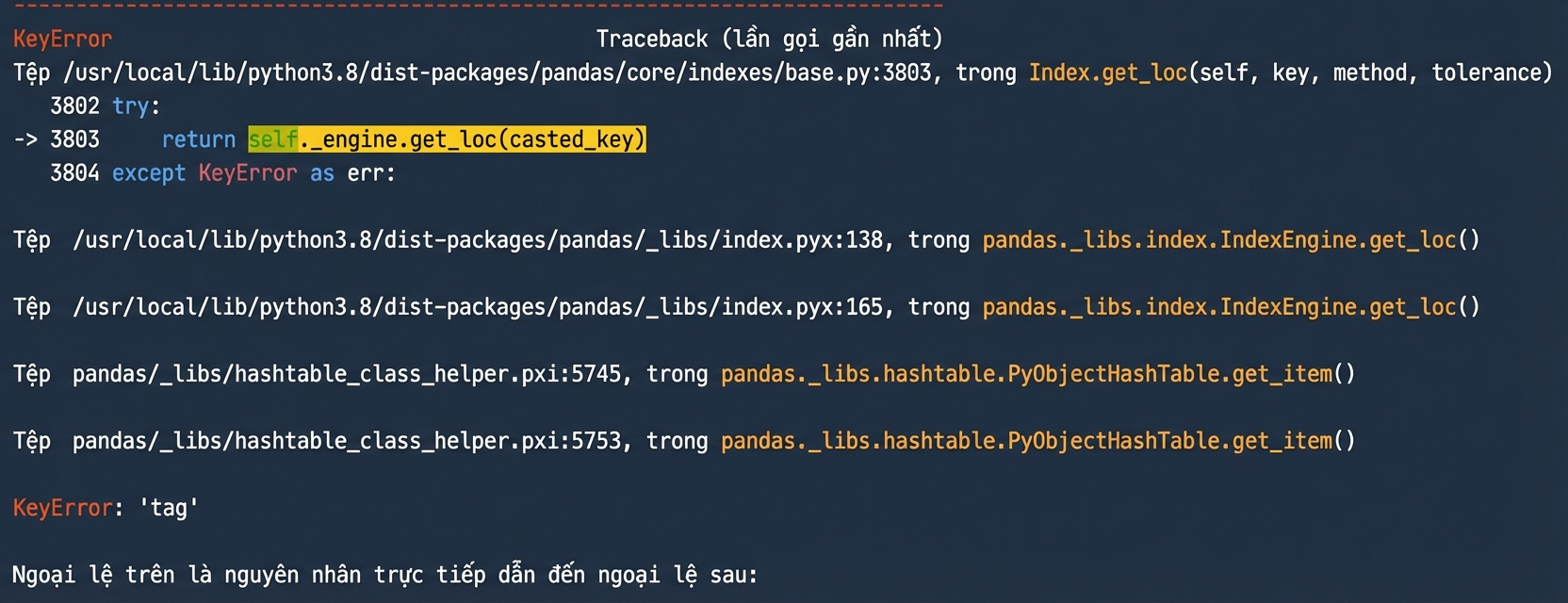 Traceback hiển thị tệp gây lỗi khi chạy, cùng loại lỗi KeyError