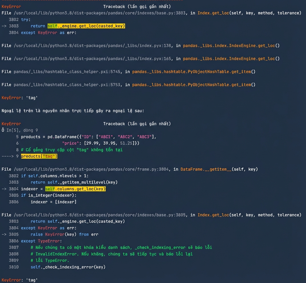 Traceback khi cố lấy cột không tồn tại trong DataFrame của pandas