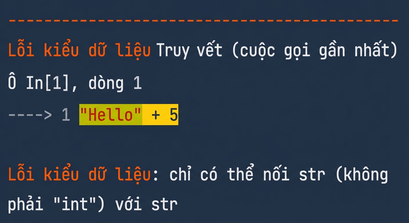 Kết quả TypeError cho thấy không thể cộng chuỗi và số nguyên