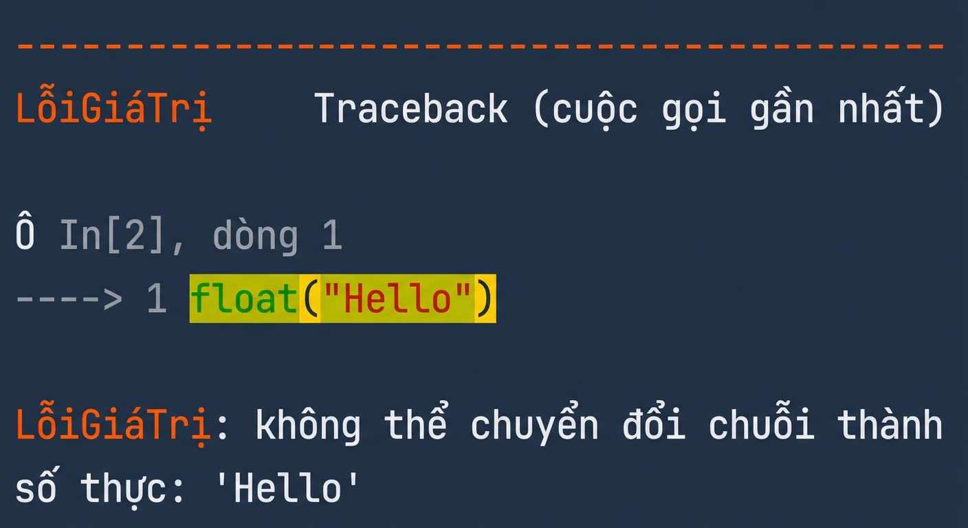 Thông báo ValueError xác nhận chuỗi 'Hello' không thể chuyển thành float