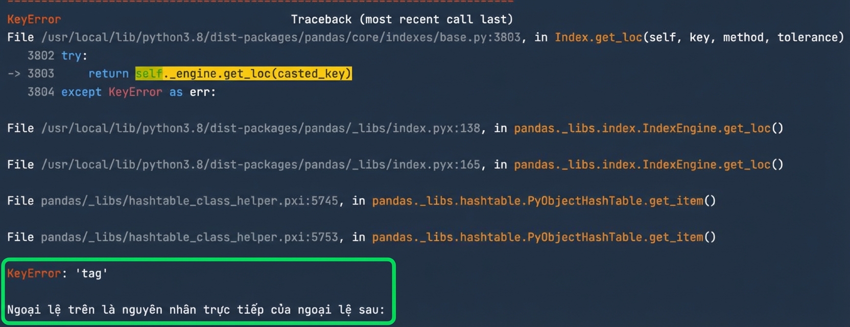Traceback với KeyError được tô sáng