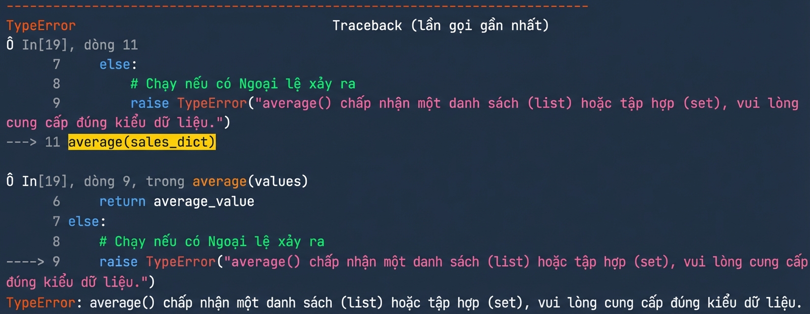 Kết quả TypeError với thông báo tùy chỉnh yêu cầu kiểu dữ liệu đúng