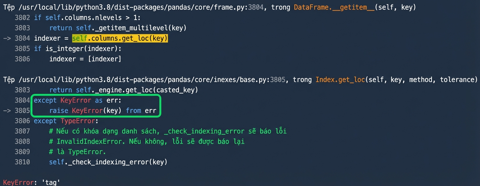 Traceback với chữ Raised được tô sáng
