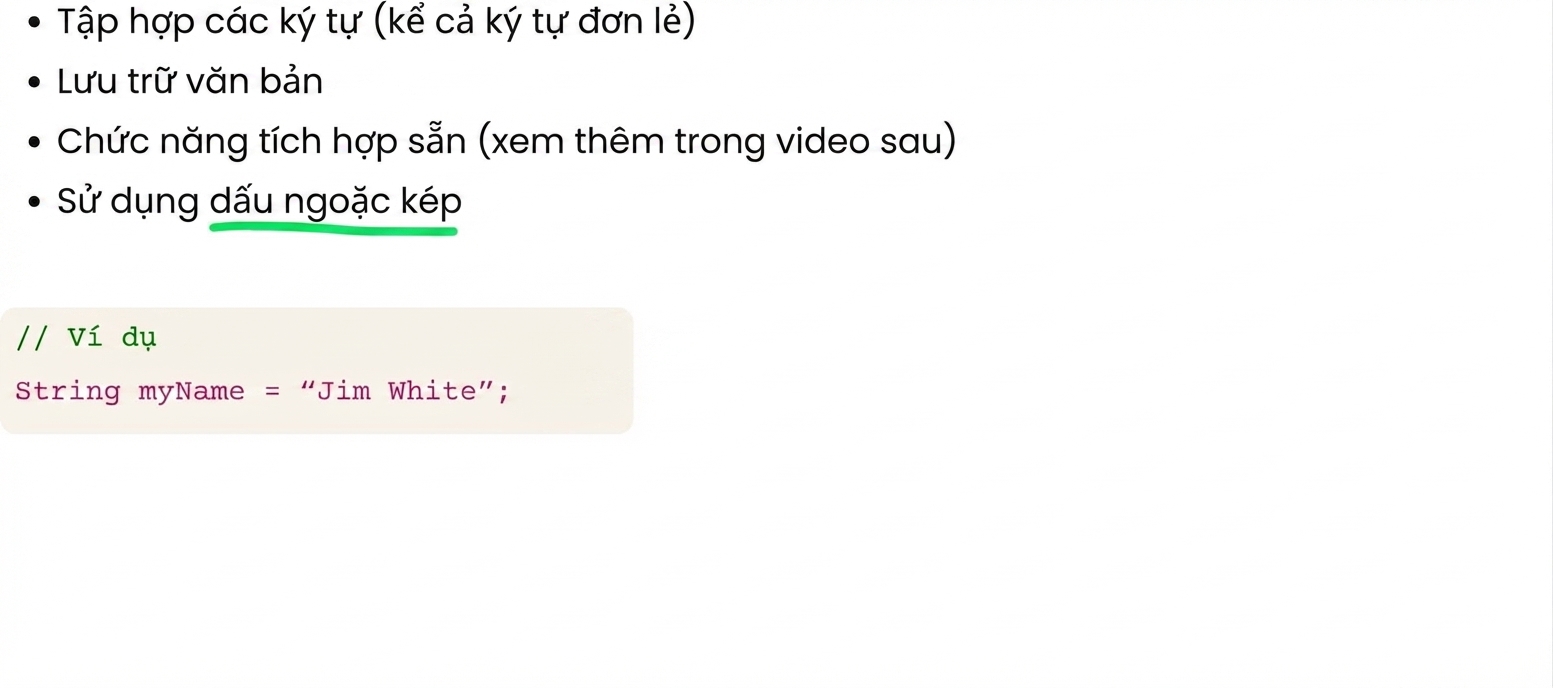 String là tập hợp ký tự dùng dấu nháy kép