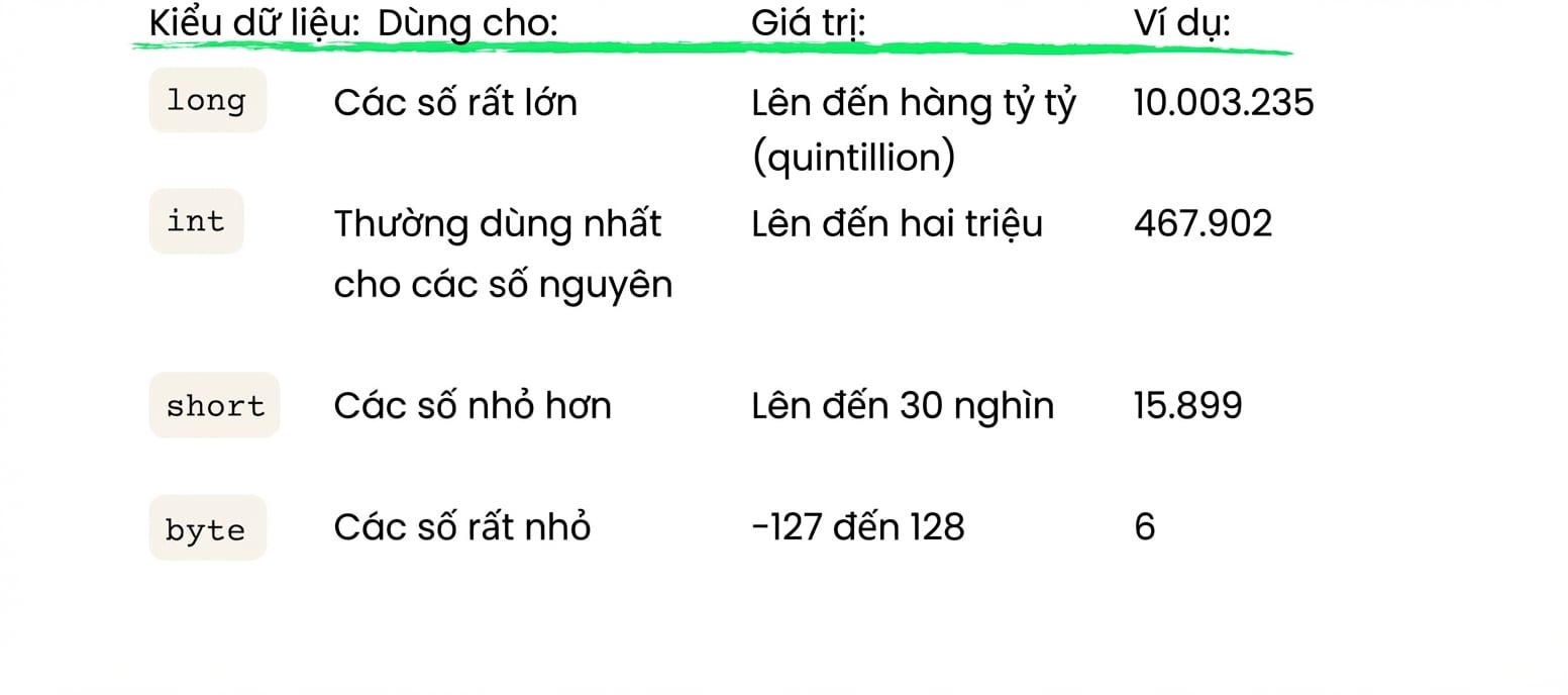 Bảng tóm tắt long (tới 10^18), short (tới 30000), và byte (tới 128)