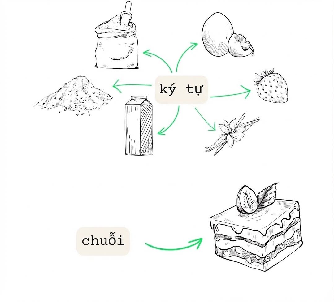 Kiểu nguyên thủy như nguyên liệu, còn String là món ăn làm từ chúng
