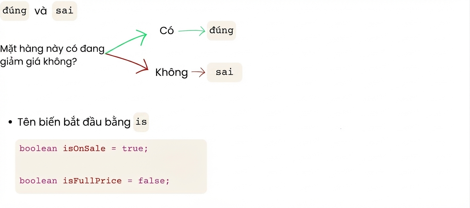 Tên biến boolean nên bắt đầu bằng is, ví dụ isOnSale