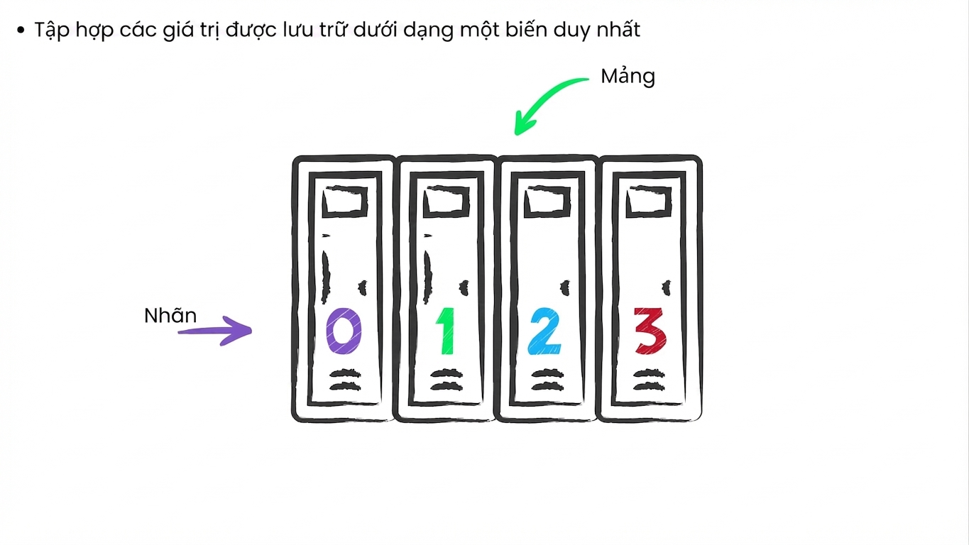 Mảng được minh họa như hàng tủ khóa, mỗi tủ có nhãn số (chỉ số)