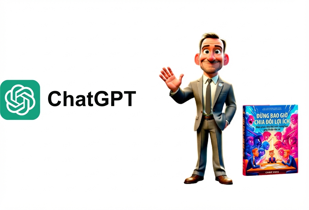 Logo ChatGPT, một người đàn ông mặc vest vẫy tay, và sách "Never Split the Difference."
