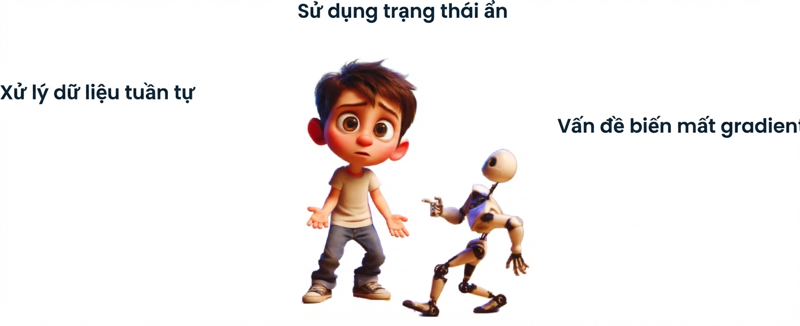 Minh họa một cậu bé bối rối với một robot nhỏ