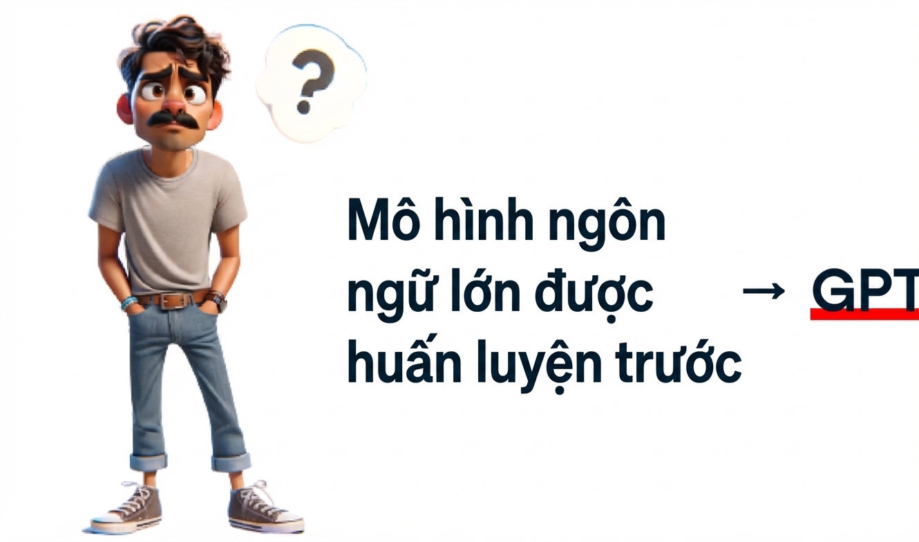 Minh họa một người đàn ông bối rối với dấu hỏi trên đầu. Bên phải là chữ 'Generative Pre-trained Transformer', với mũi tên trỏ đến 'GPT' bôi đậm và gạch dưới