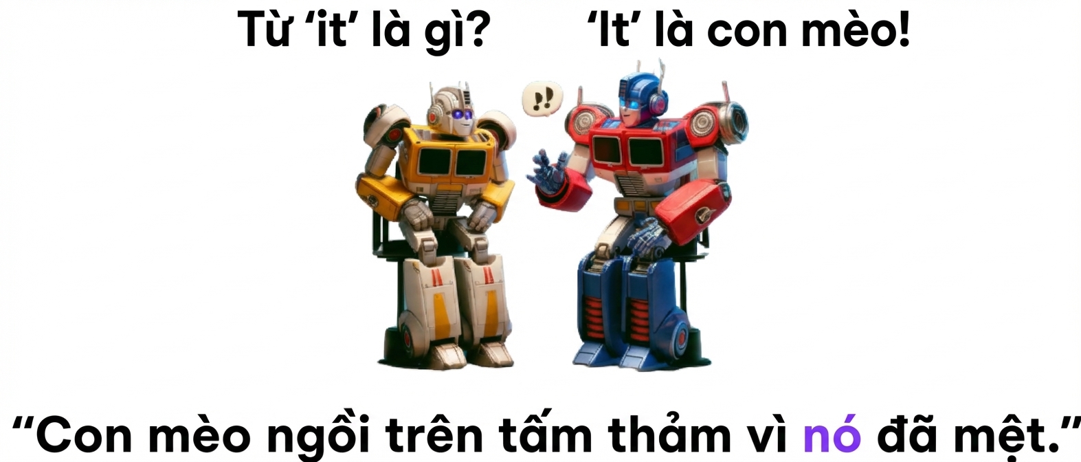 Hai robot nhiều màu ngồi cạnh nhau; robot bên phải ra hiệu như đang nói.