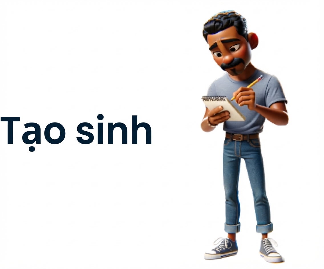 Minh họa một người đàn ông viết sổ tay bằng bút chì. Bên trái là chữ 'Generative'
