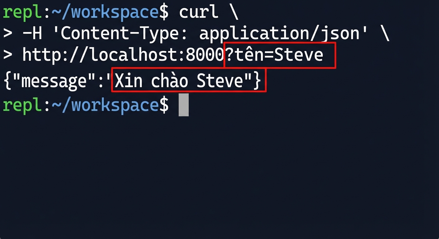 Cửa sổ terminal chạy curl có truyền name. Phản hồi: "Hello Steve."