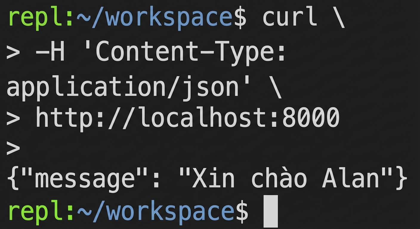 Cửa sổ terminal chạy curl không truyền name. Phản hồi: "Hello Alan."