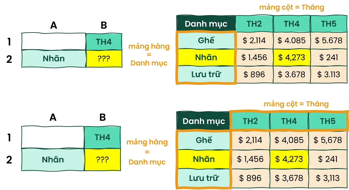 Bảng Excel 5 cột 4 hàng minh họa cách dùng INDEX và MATCH