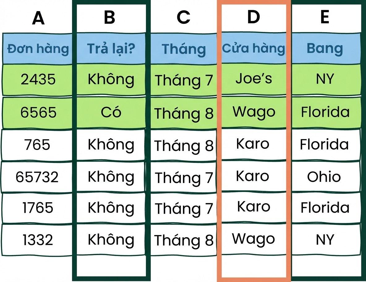 Ví dụ bảng Excel với hai điều kiện AND và một OR