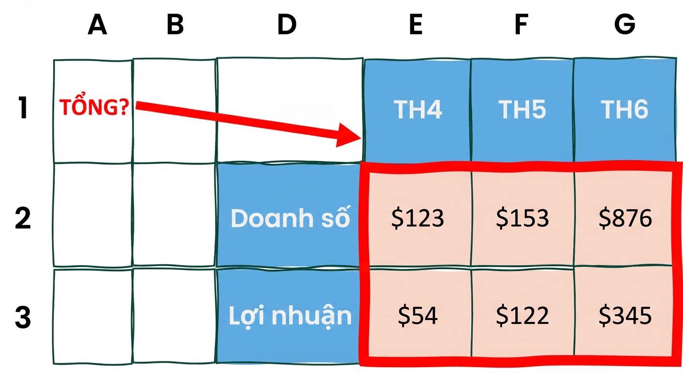 Bảng 2 hàng 2 cột minh họa một mảng được cộng
