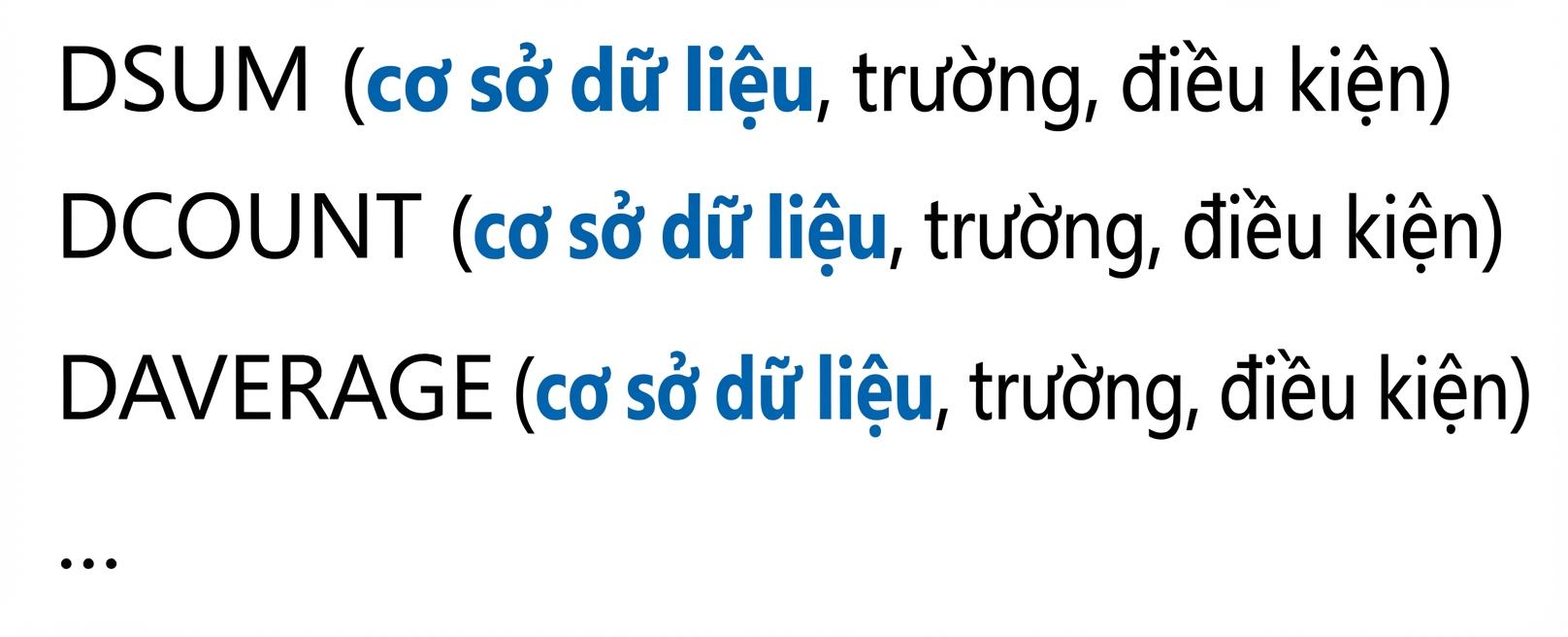 Cú pháp hàm cơ sở dữ liệu Excel