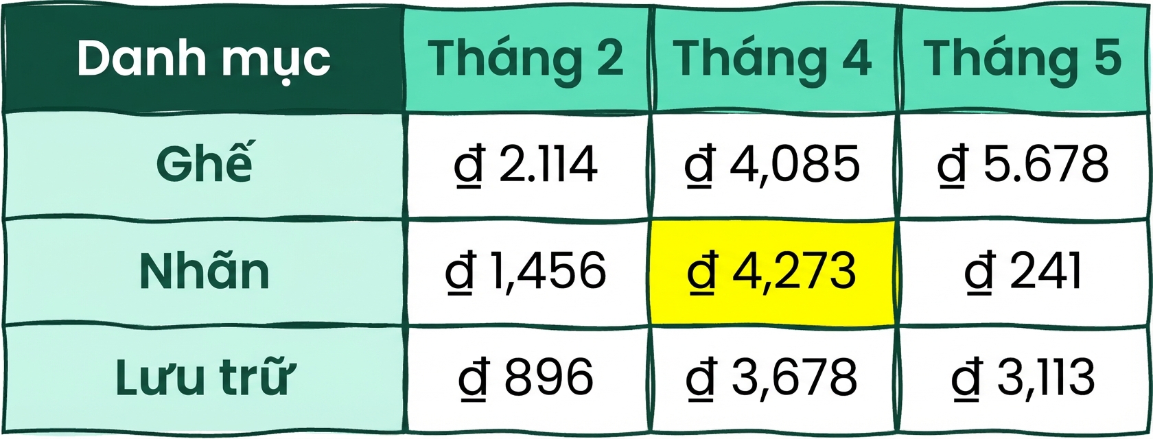 Bảng với nhiều hàng cột và một ô tô vàng
