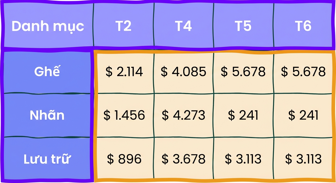 Ví dụ Bảng Excel với mảng và tiêu đề